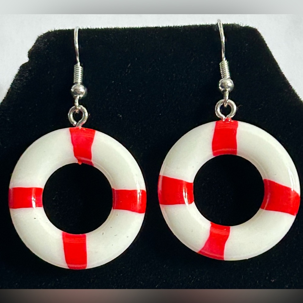 Handmade Nautical Life Saver Ring Tube Red & White Earrings Brand New